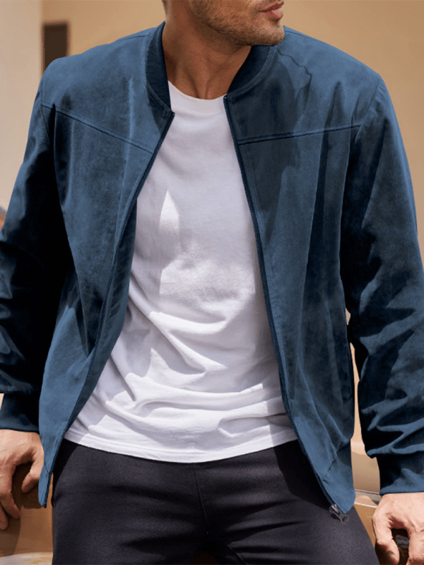 Men's Collarless Suede-Texture Bomber Jacket with Ribbed Neck