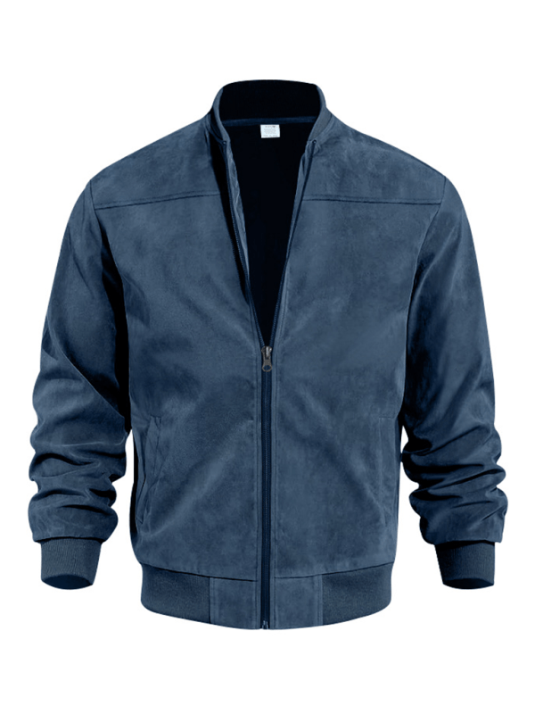 Men's Collarless Suede-Texture Bomber Jacket with Ribbed Neck - Blue