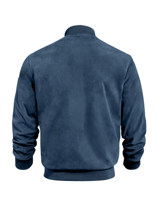 Men's Collarless Suede-Texture Bomber Jacket with Ribbed Neck