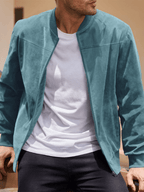 Men's Collarless Suede-Texture Bomber Jacket with Ribbed Neck
