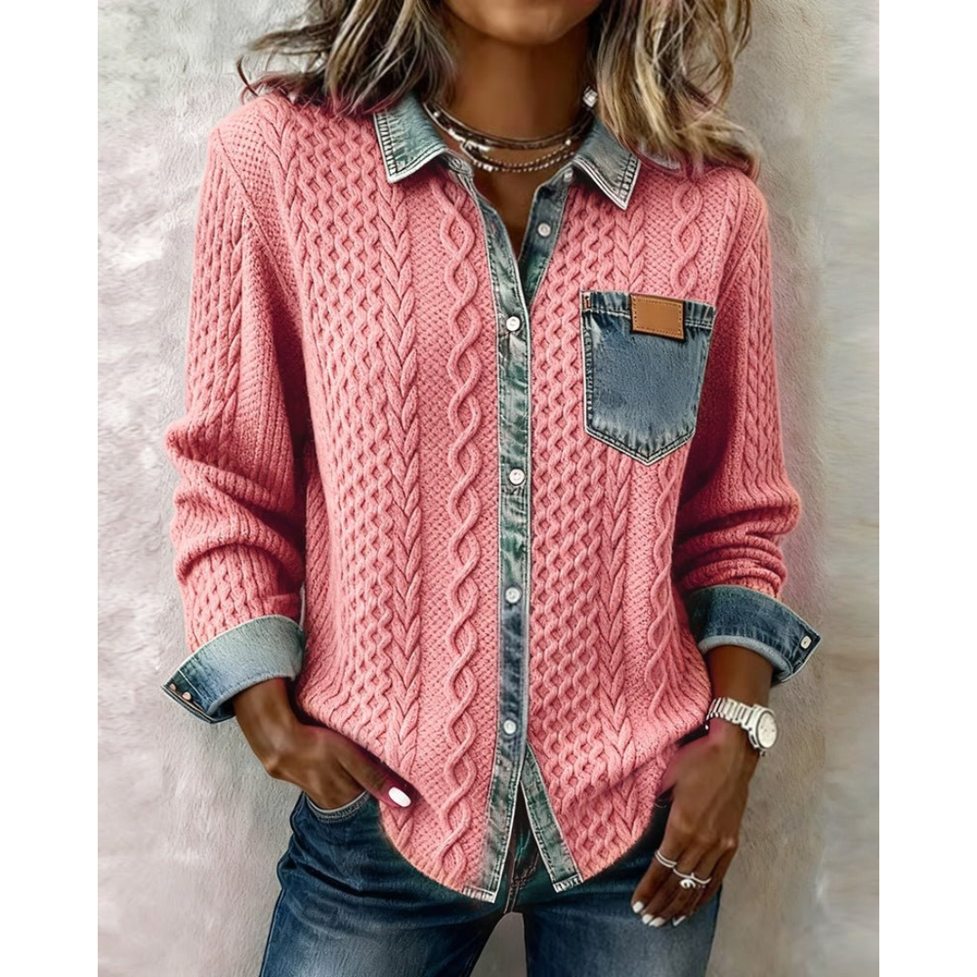 Women's Cable Knit Button Shirt with Denim-Look Cuffs and Pocket - Pink