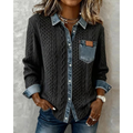 Women's Cable Knit Button Shirt with Denim-Look Cuffs and Pocket - Dark Grey