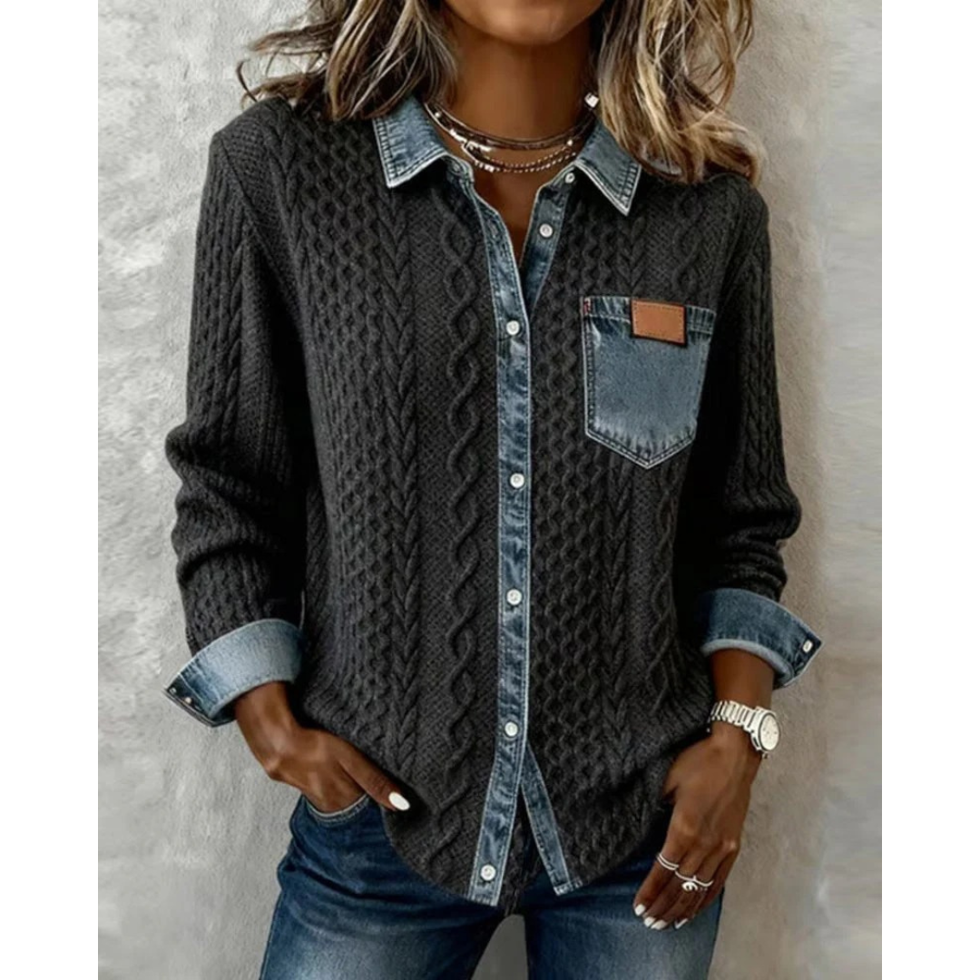 Women's Cable Knit Button Shirt with Denim-Look Cuffs and Pocket - Dark Grey