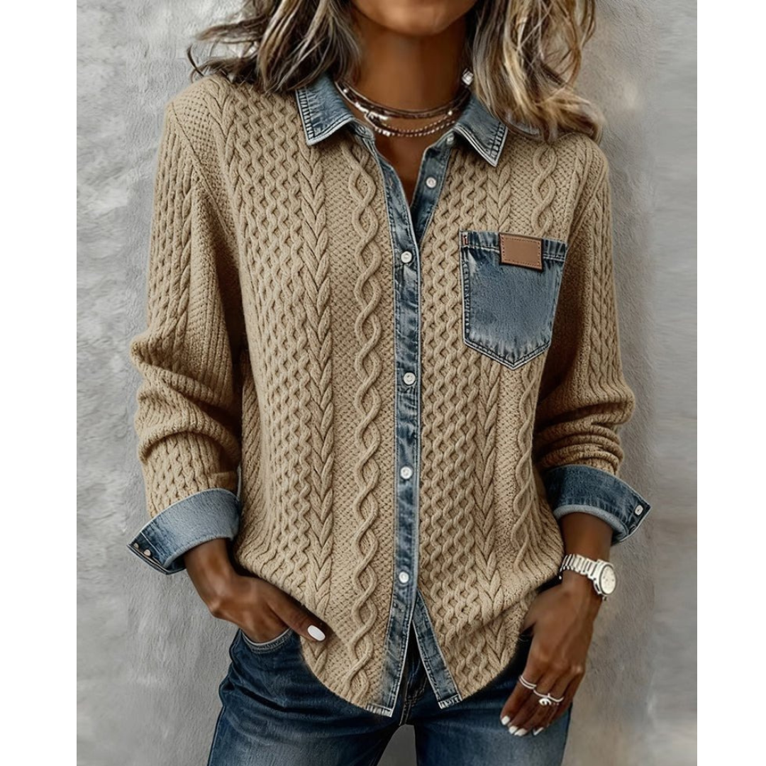 Women's Cable Knit Button Shirt with Denim-Look Cuffs and Pocket - Khaki