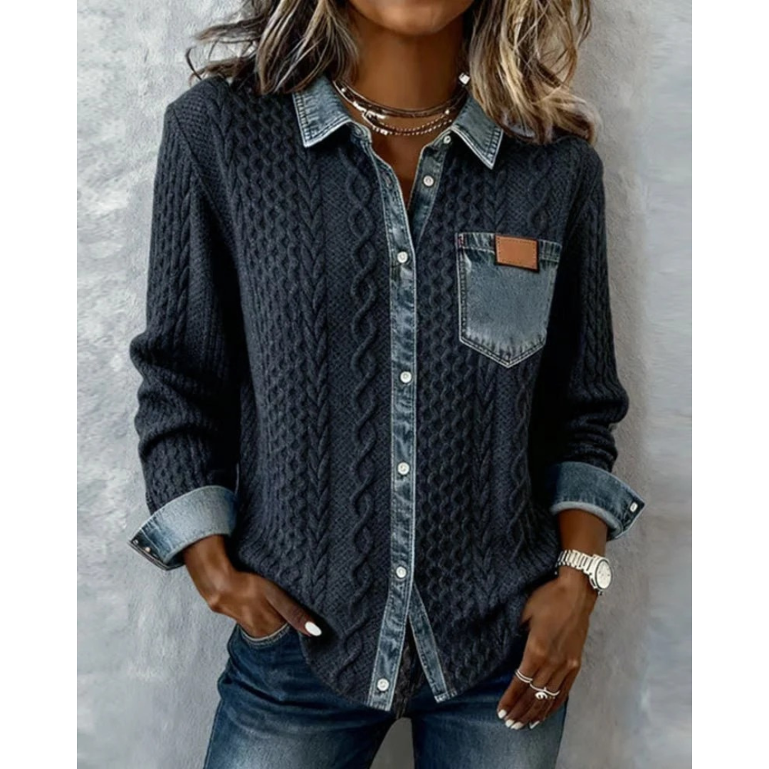 Women's Cable Knit Button Shirt with Denim-Look Cuffs and Pocket - Navy Blue