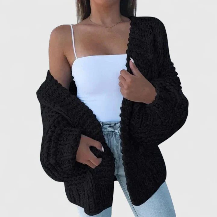 Women's Oversized Edge-to-Edge Cardigan in Thick Chunky Knit - Black
