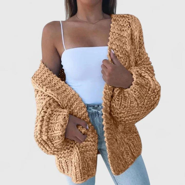 Women's Oversized Edge-to-Edge Cardigan in Thick Chunky Knit - Brown