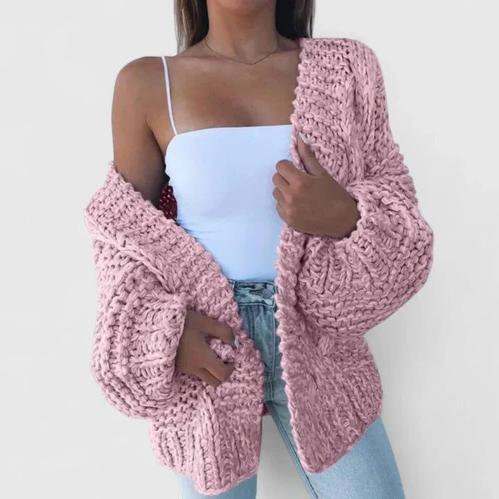Women's Oversized Edge-to-Edge Cardigan in Thick Chunky Knit - Pink