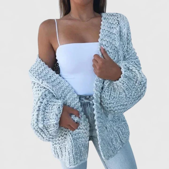 Women's Oversized Edge-to-Edge Cardigan in Thick Chunky Knit - Sky Blue
