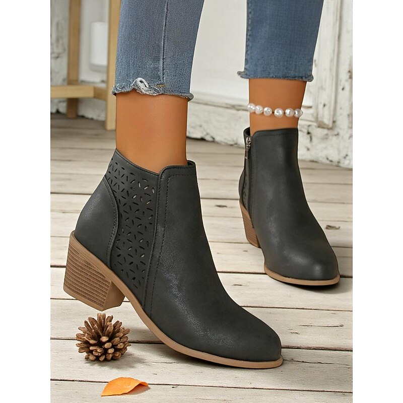 Women's Classic Cutout Ankle Boots with Easy Side Zip - Black