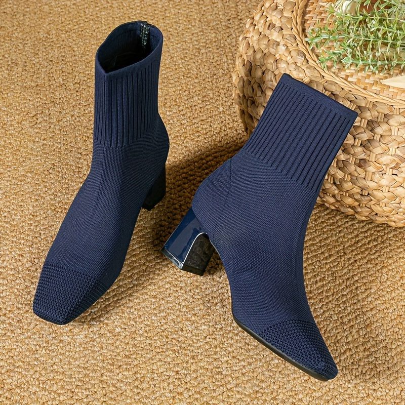 Women's Sock-Fit Stretch Knit Boots with Block Heel - Blue