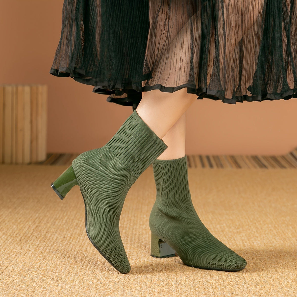 Women's Sock-Fit Stretch Knit Boots with Block Heel