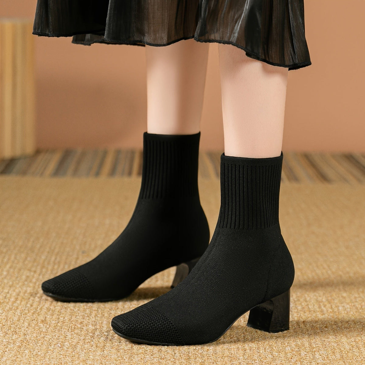 Women's Sock-Fit Stretch Knit Boots with Block Heel