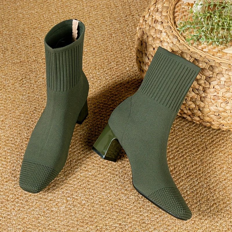 Women's Sock-Fit Stretch Knit Boots with Block Heel - Green