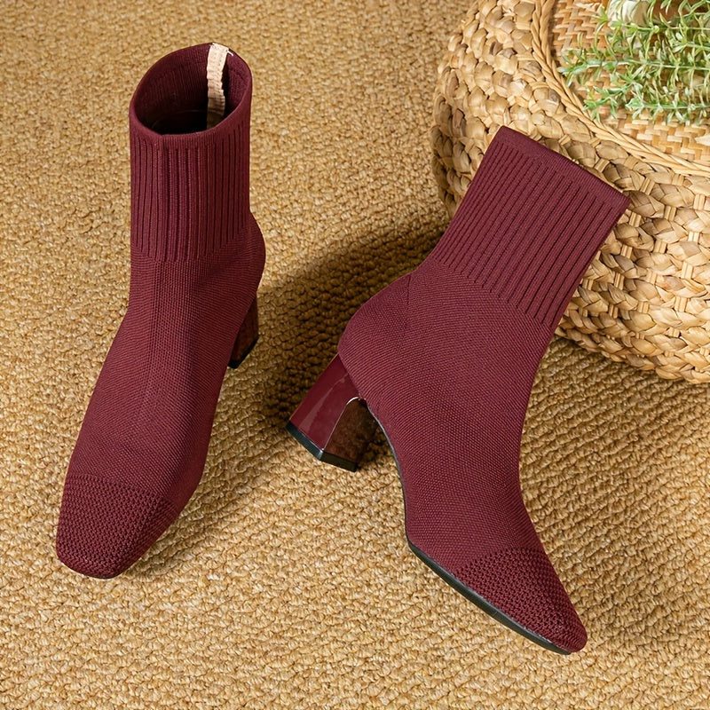 Women's Sock-Fit Stretch Knit Boots with Block Heel - Red