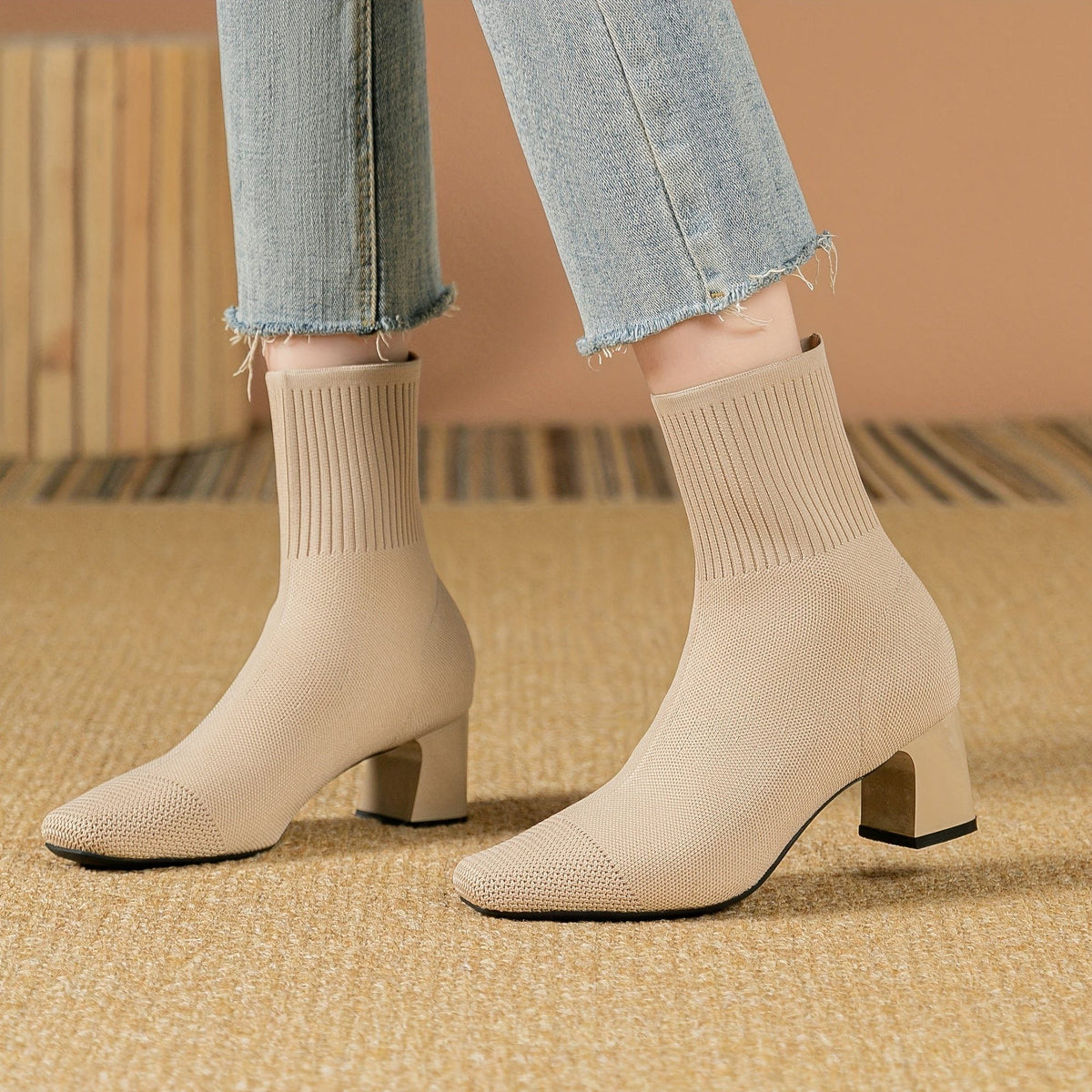 Women's Sock-Fit Stretch Knit Boots with Block Heel - Beige