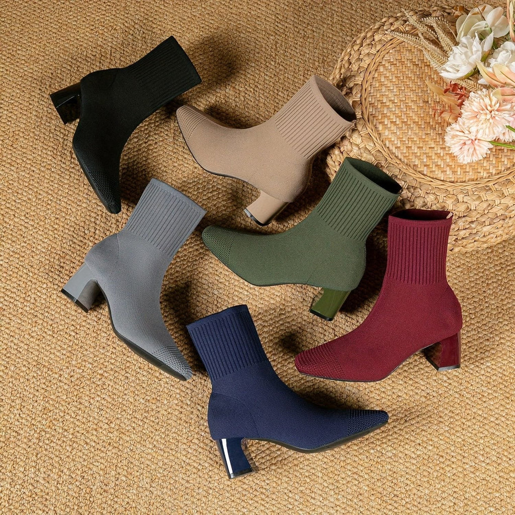 Women's Sock-Fit Stretch Knit Boots with Block Heel