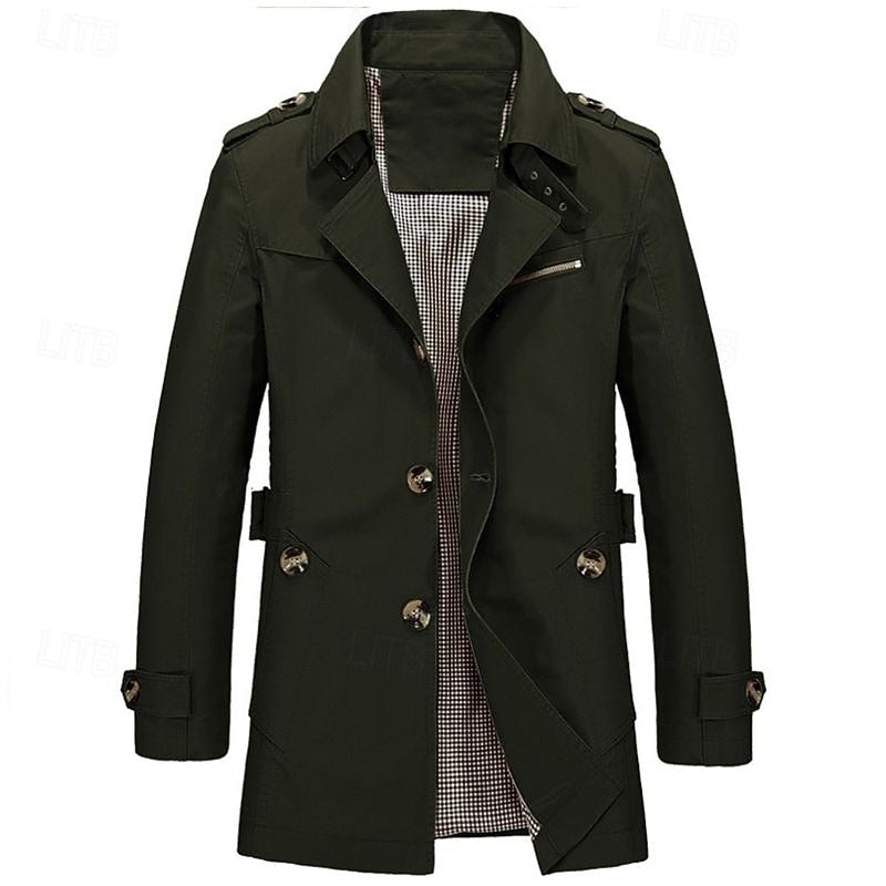 Men's Single-Row Button Trench Coat with Generous Front Pockets - Army Green
