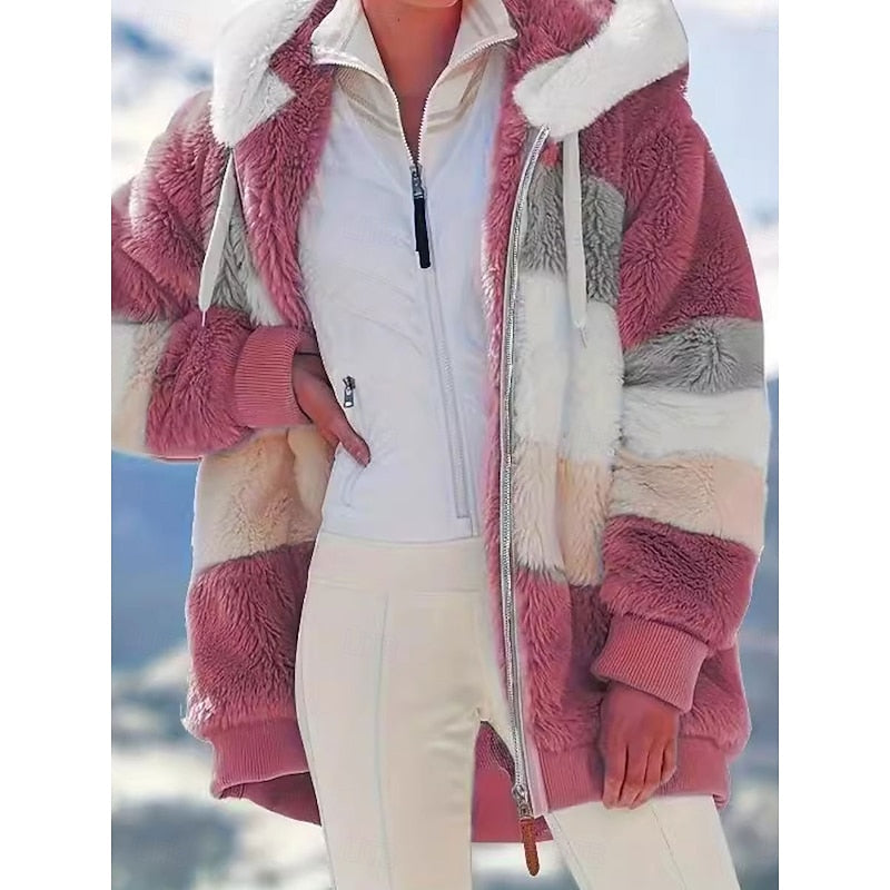 Women's Full-Zip Plush Hooded Jacket in a Roomy Cut - Rose Red