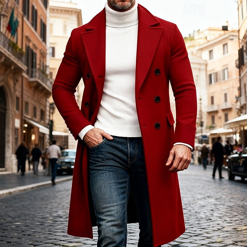 Men's Structured Winter Overcoat in a Long Double-Breasted Cut - Wine