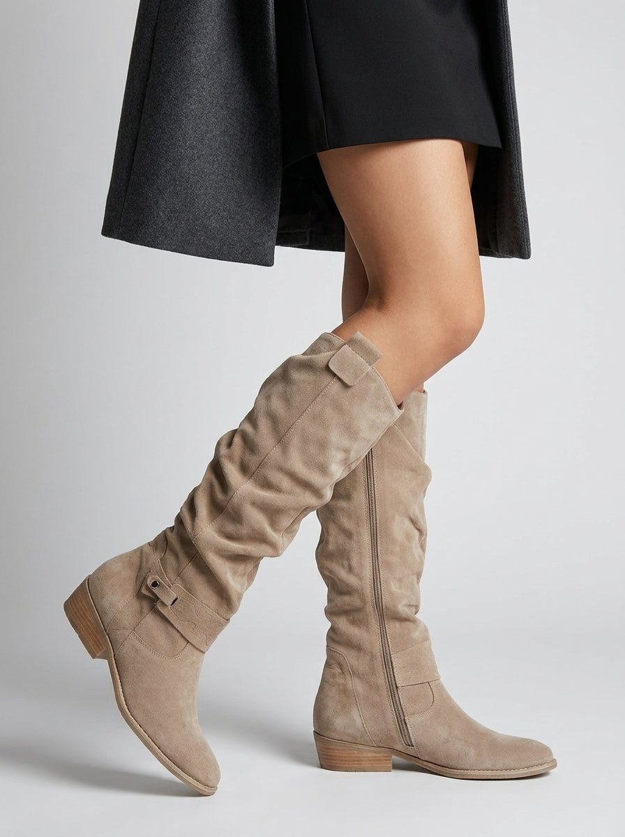 Women's Soft Suede Knee-High Boots with Top Flap and Low Heel