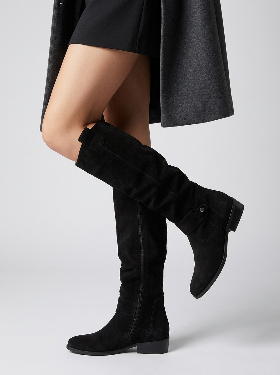 Women's Soft Suede Knee-High Boots with Top Flap and Low Heel