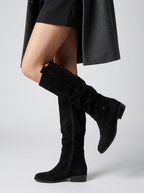 Women's Soft Suede Knee-High Boots with Top Flap and Low Heel