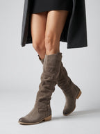 Women's Soft Suede Knee-High Boots with Top Flap and Low Heel
