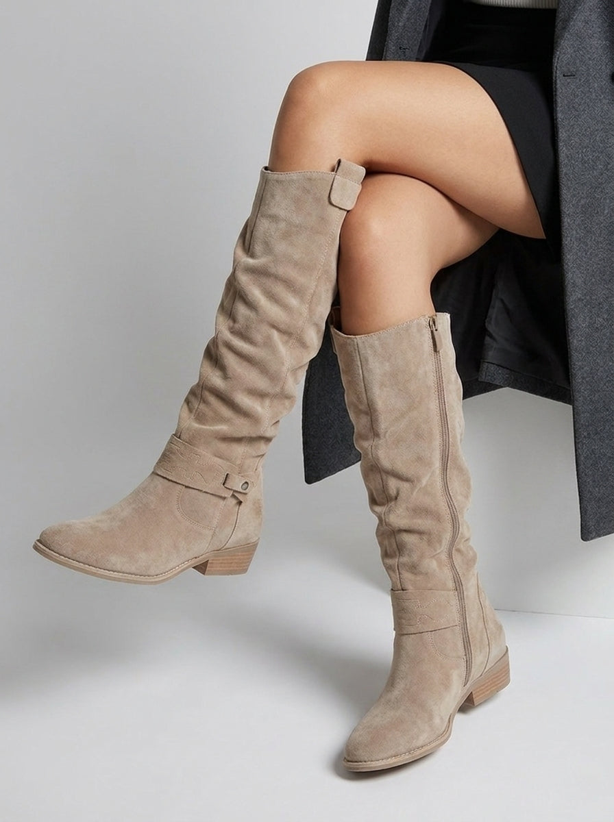 Women's Soft Suede Knee-High Boots with Top Flap and Low Heel - Beige