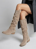 Women's Soft Suede Knee-High Boots with Top Flap and Low Heel - Beige
