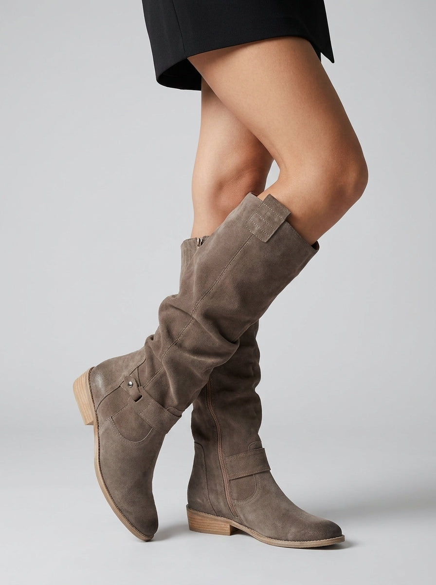 Women's Soft Suede Knee-High Boots with Top Flap and Low Heel - Brown