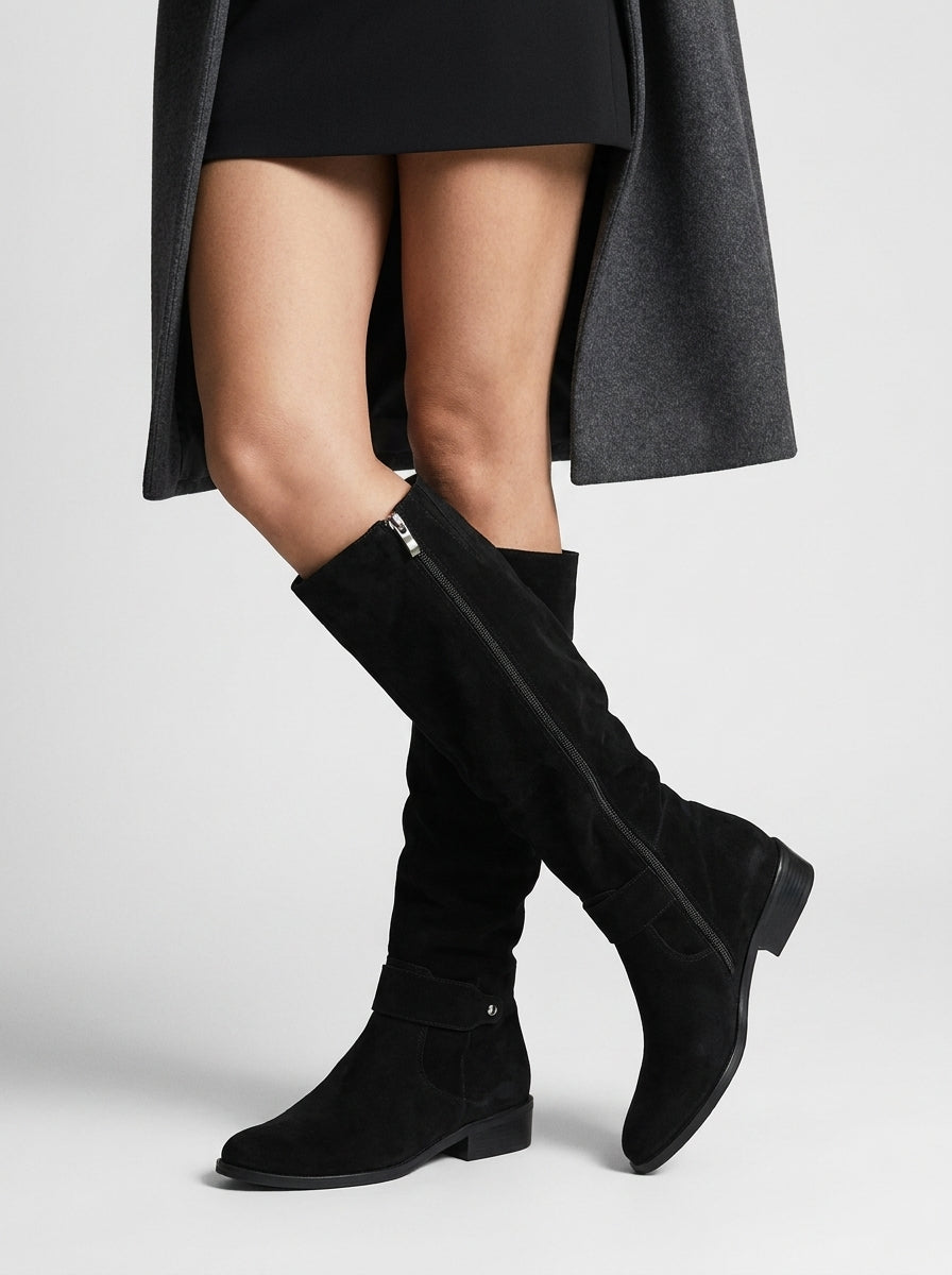 Women's Soft Suede Knee-High Boots with Top Flap and Low Heel - Black