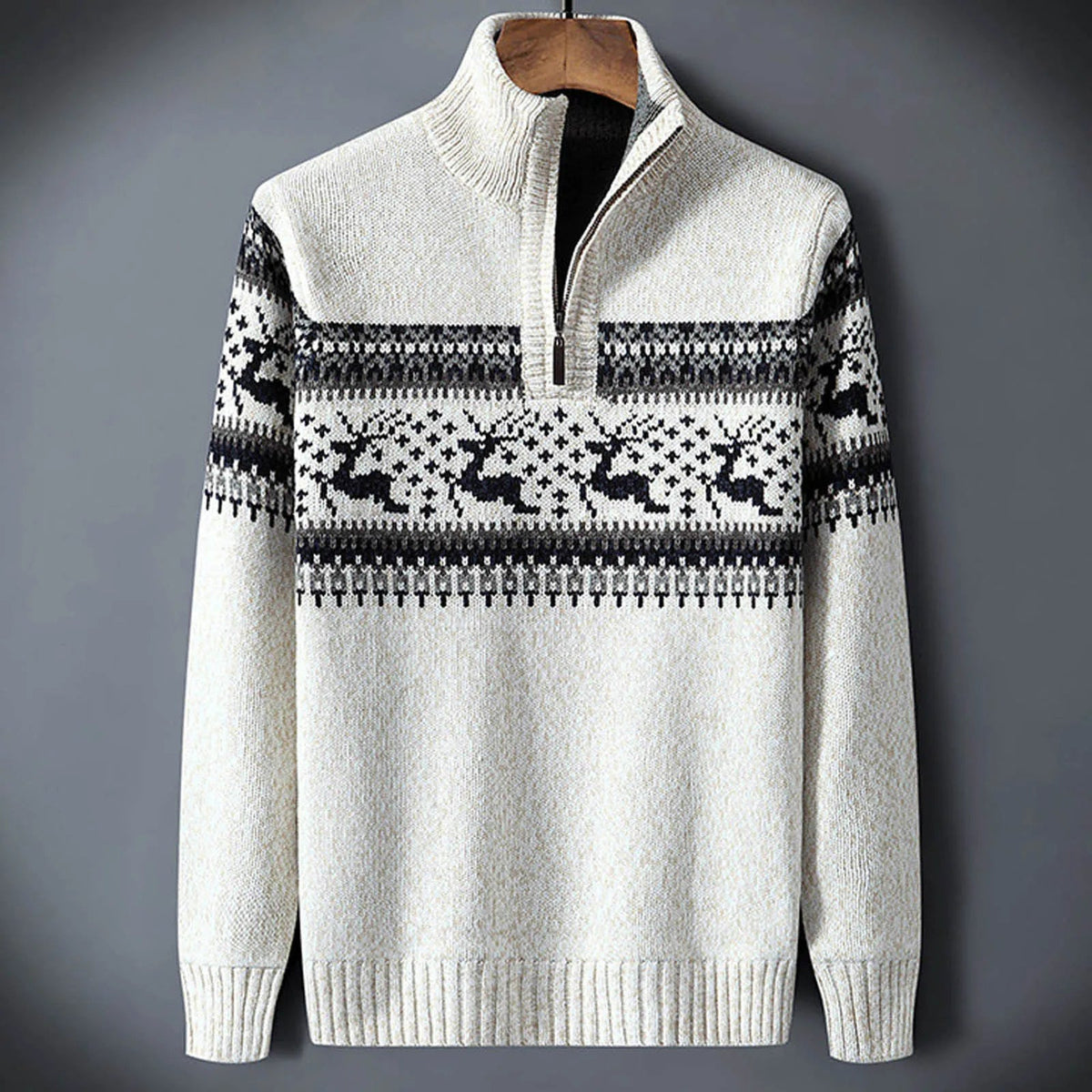 Men's Printed-Yoke Thick-Knit Jumper with Zip Neck - White