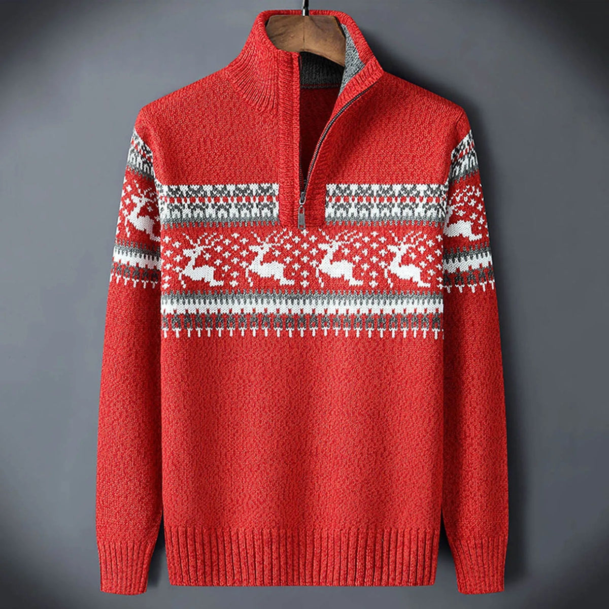 Men's Printed-Yoke Thick-Knit Jumper with Zip Neck - Red