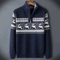 Men's Printed-Yoke Thick-Knit Jumper with Zip Neck - Navy Blue
