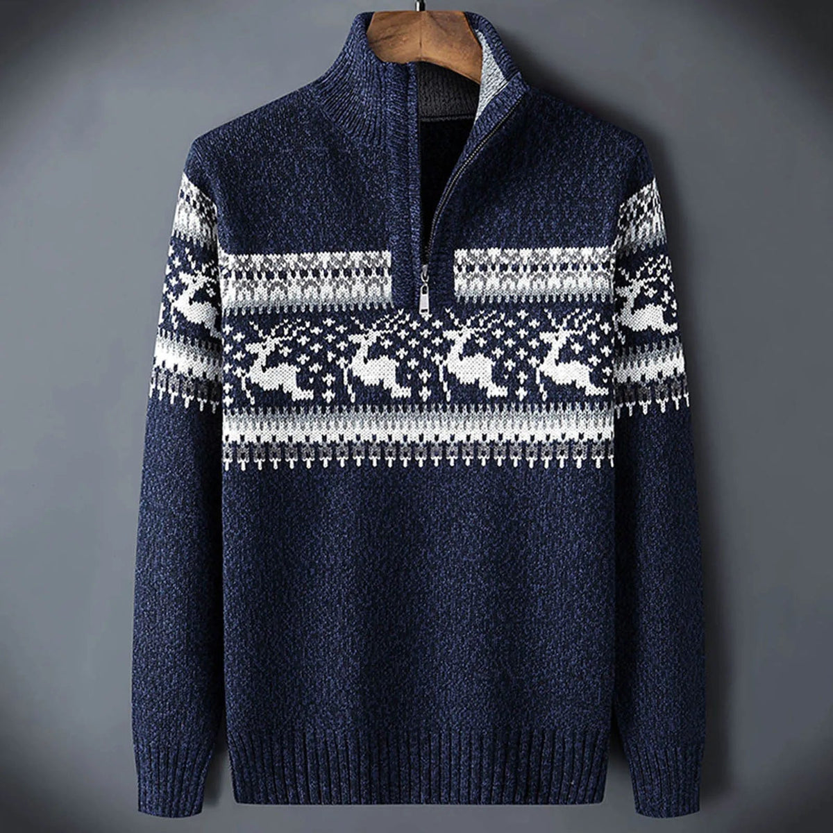 Men's Printed-Yoke Thick-Knit Jumper with Zip Neck - Navy Blue