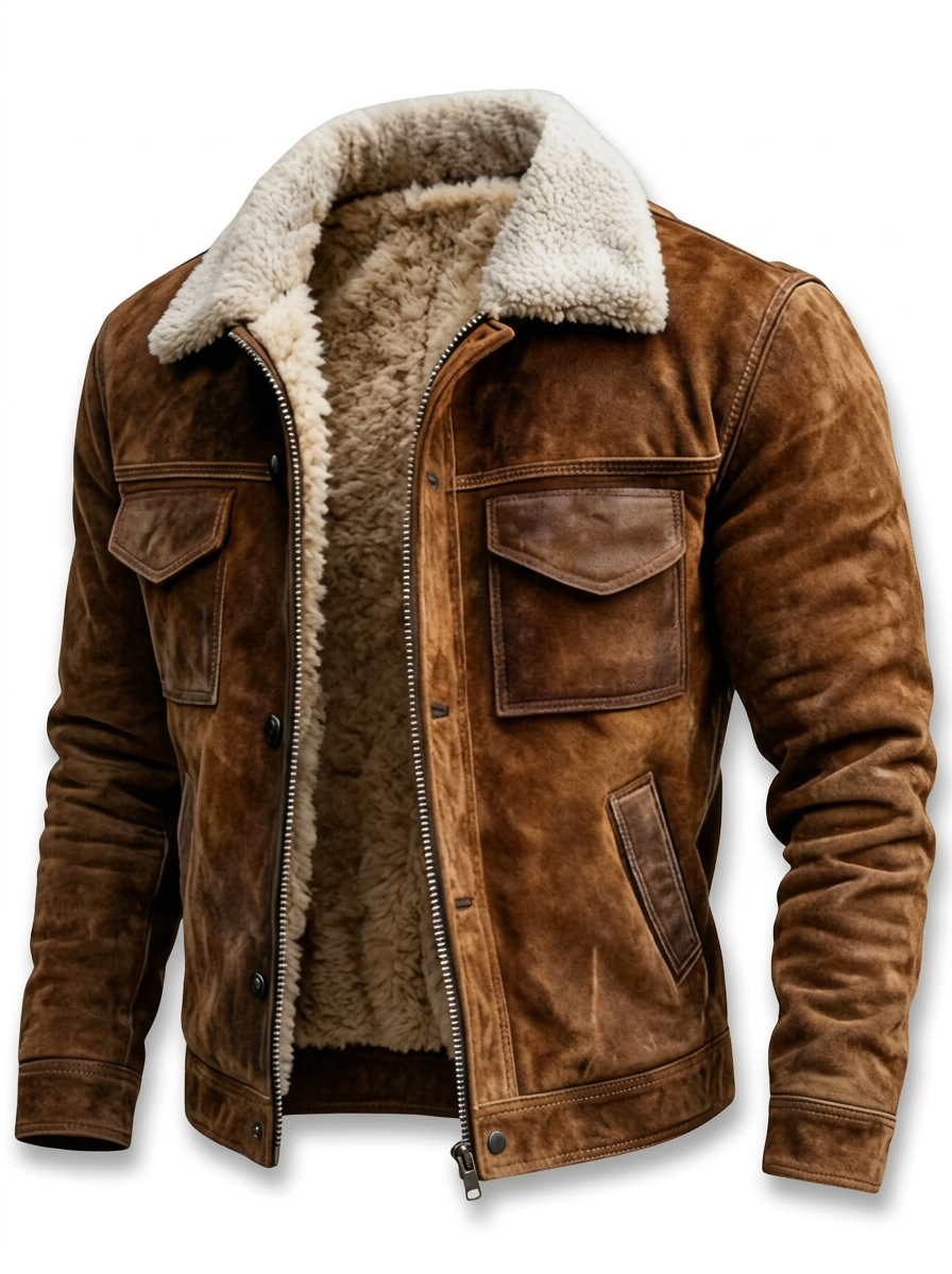 Men's Sherpa-Lined Vintage Aviator Jacket with Snap Placket