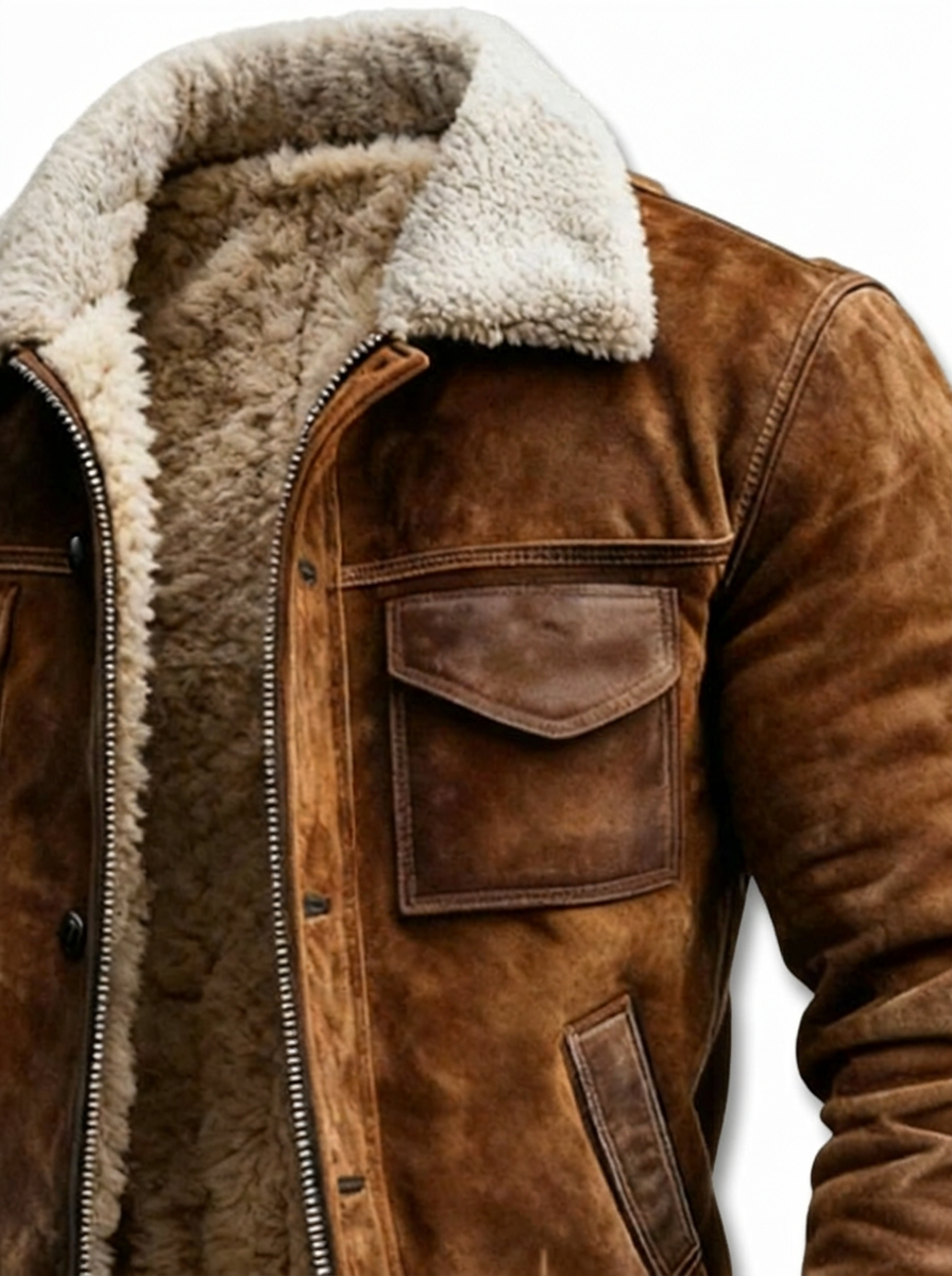 Men's Sherpa-Lined Vintage Aviator Jacket with Snap Placket