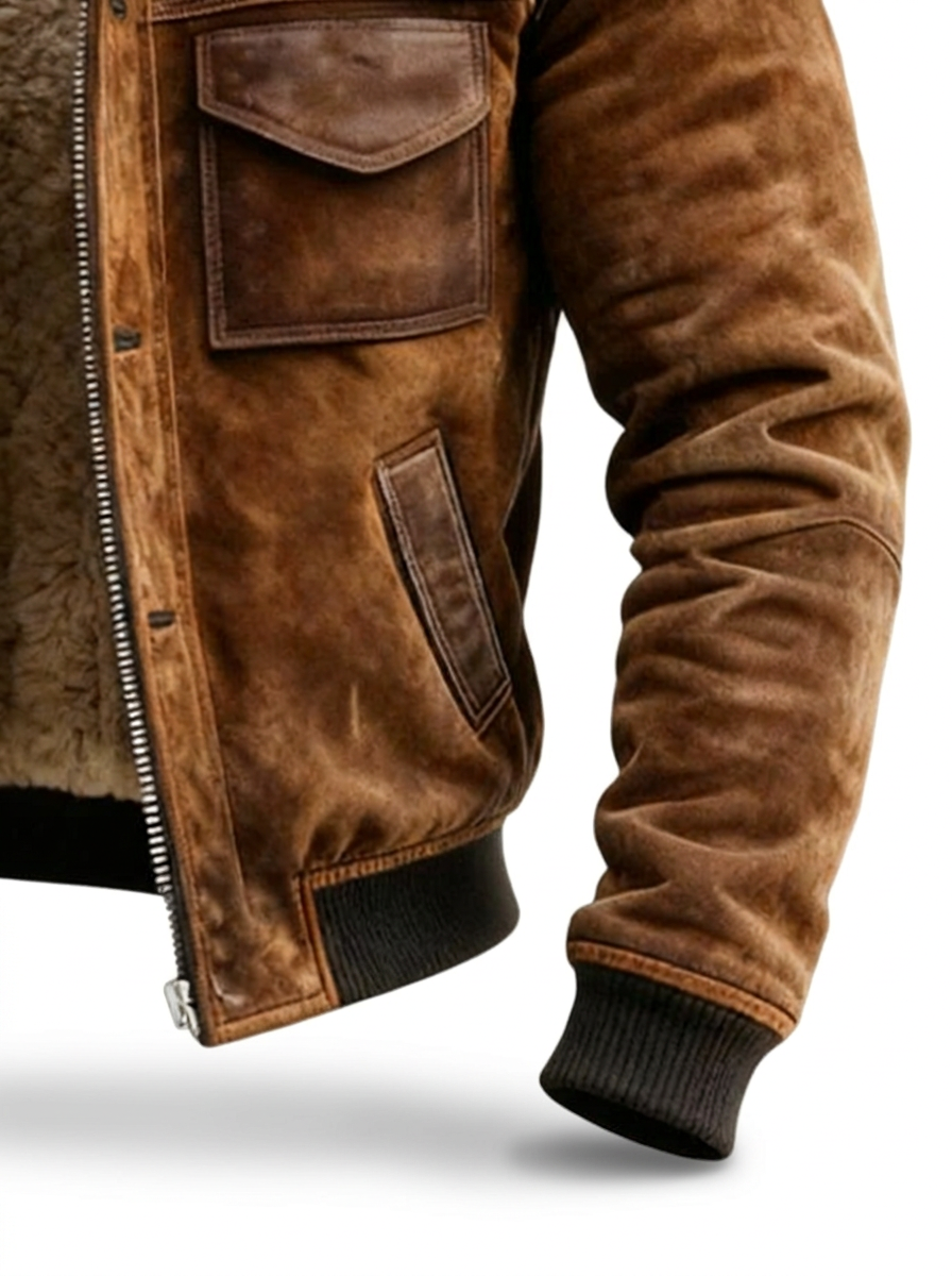 Men's Sherpa-Lined Vintage Aviator Jacket with Snap Placket