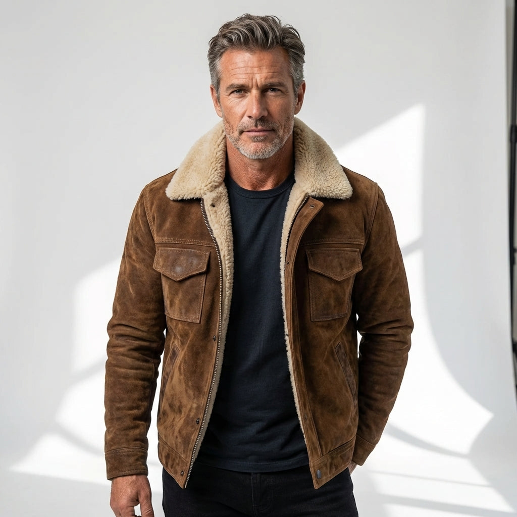 Men's Sherpa-Lined Vintage Aviator Jacket with Snap Placket