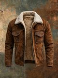 Men's Sherpa-Lined Vintage Aviator Jacket with Snap Placket - Brown