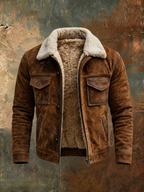 Men's Sherpa-Lined Vintage Aviator Jacket with Snap Placket - Brown