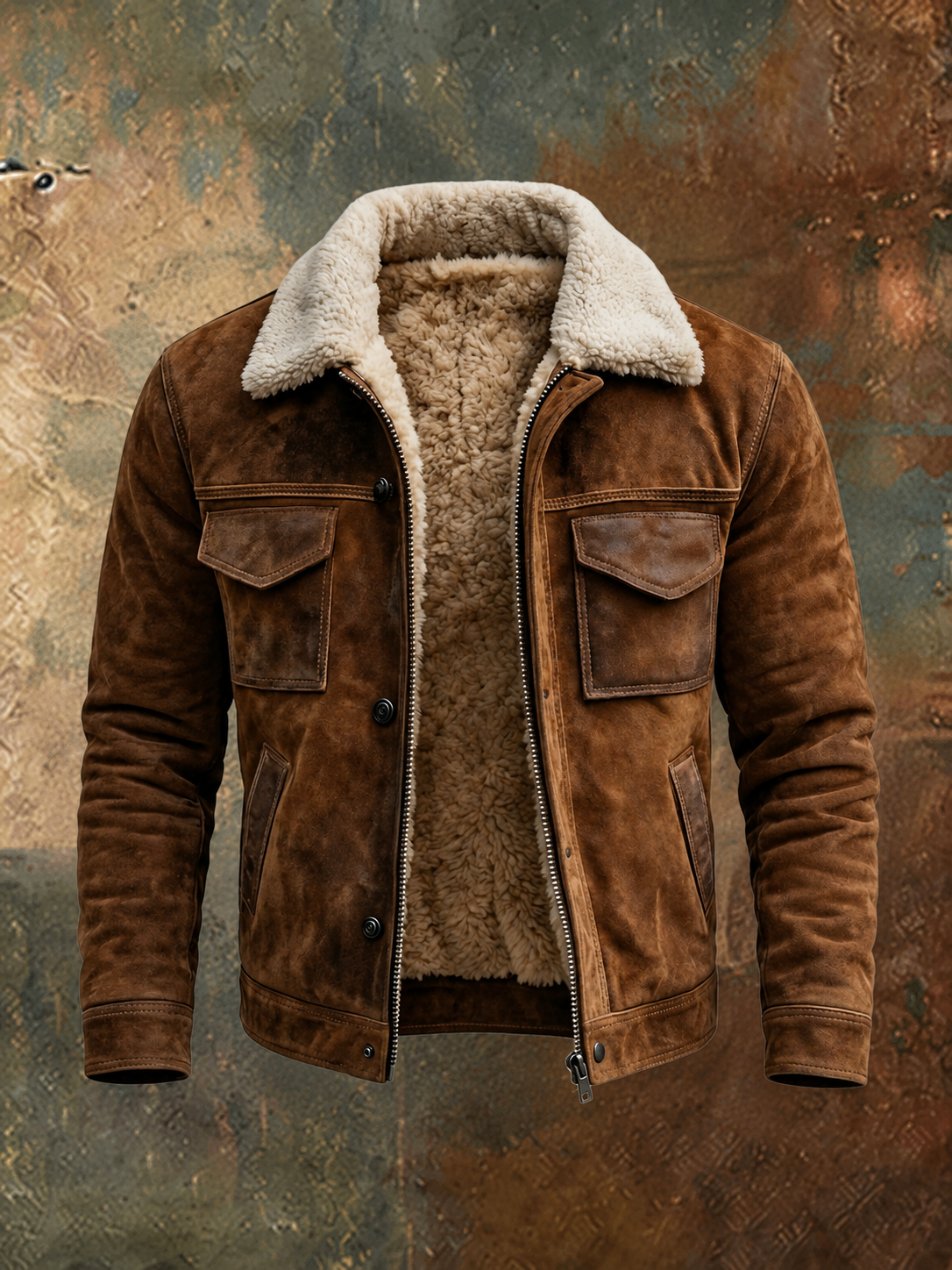 Men's Sherpa-Lined Vintage Aviator Jacket with Snap Placket - Brown