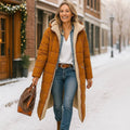 Women's Reversible Puffer and Sherpa Coat with Below-Knee Length - Brown