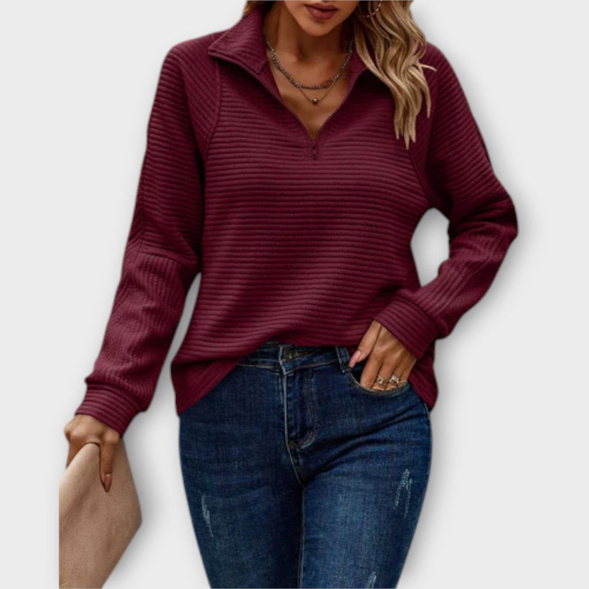 Women's Zipped V-Neck Knit Jumper for Work and Weekend - Red