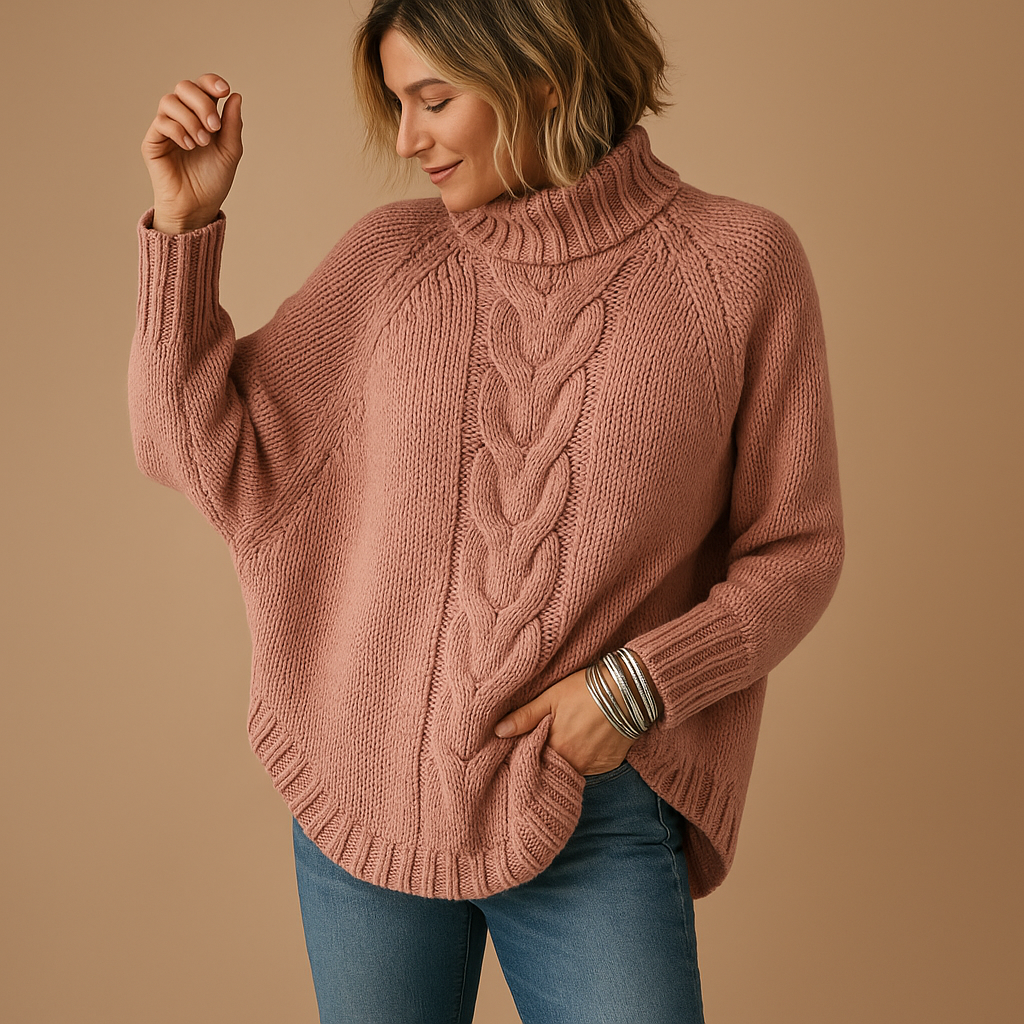 Women's Raglan Sleeve Longline Jumper with Fold-Over Collar - Pink