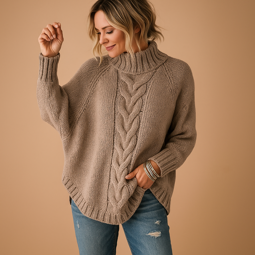 Women's Raglan Sleeve Longline Jumper with Fold-Over Collar - Taupe