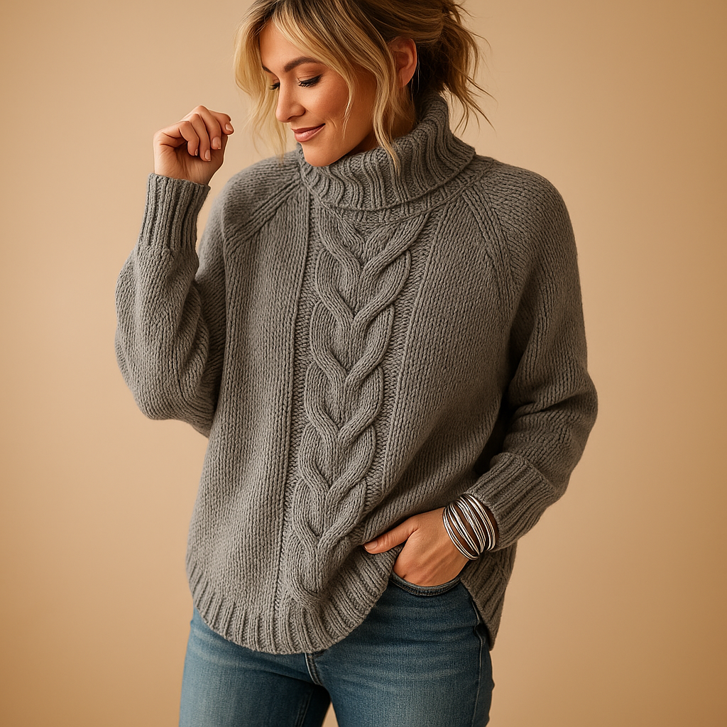 Women's Raglan Sleeve Longline Jumper with Fold-Over Collar - Grey