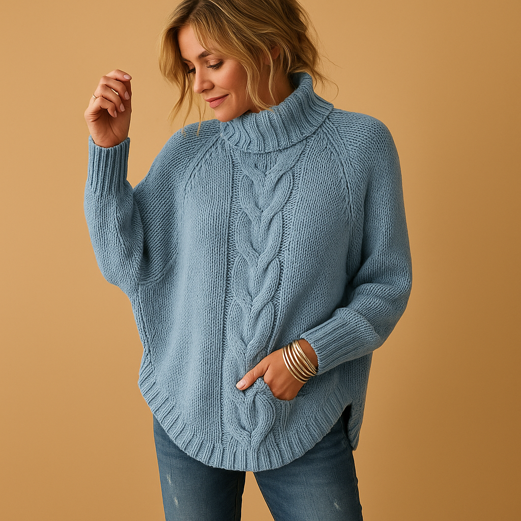 Women's Raglan Sleeve Longline Jumper with Fold-Over Collar - Light Blue