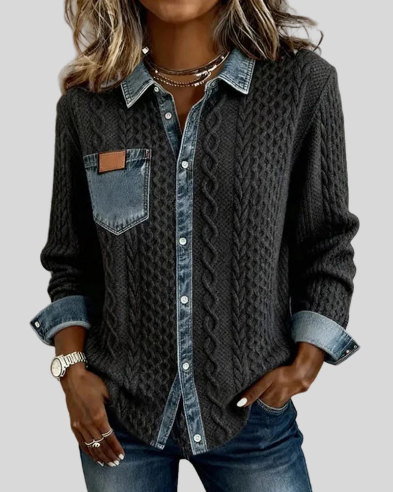 Women's Relaxed Cable-Knit Shacket with Denim Collar - Black